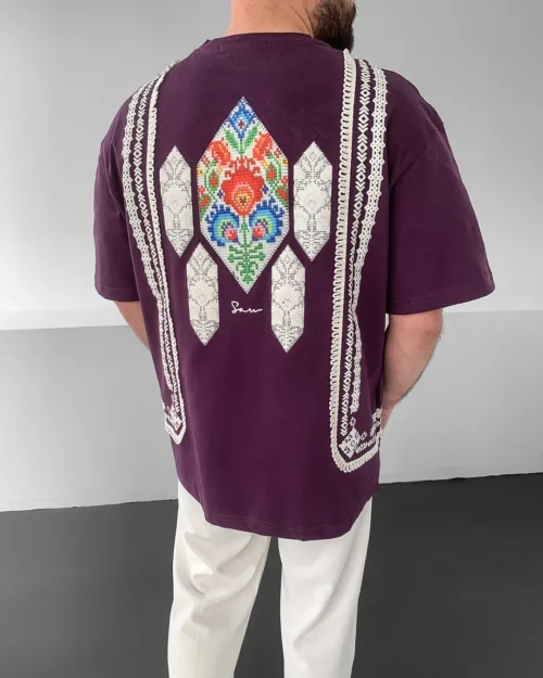 Mor Oversize Etnik Nakışlı Premium Bohem Kanaviçe Desenli Tişört