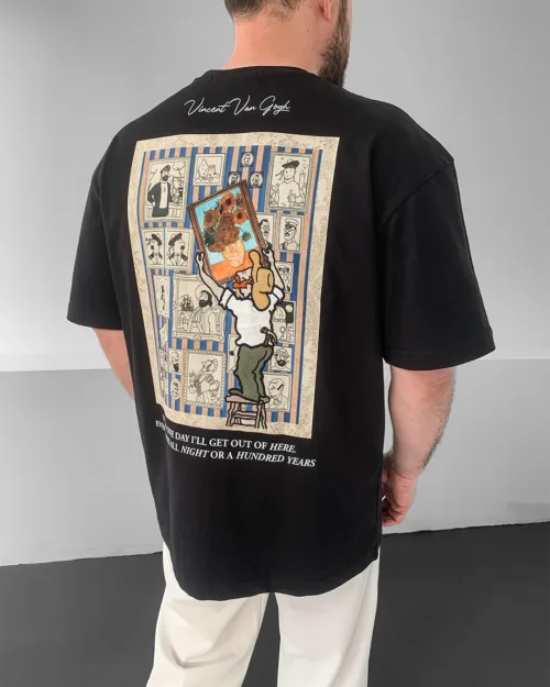 Siyah Van Gogh Patchli Premium Oversize T-Shirt