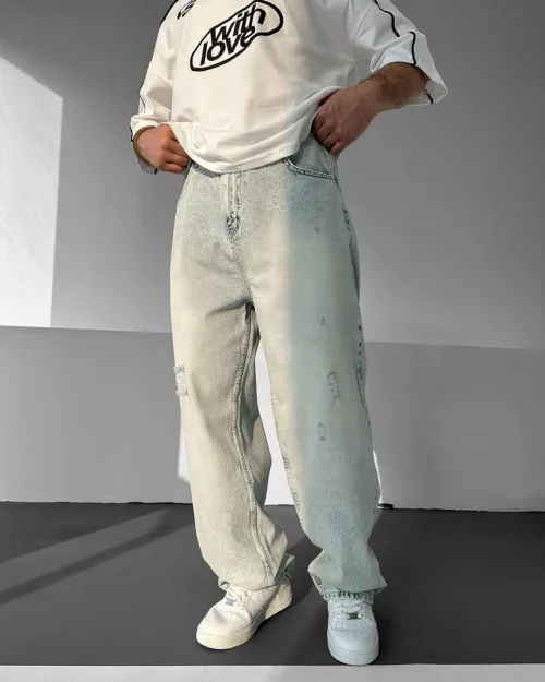 Buz Mavisi Yırtık Yıkamalı Baggy Jean Pantolon