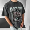 Antrasit Catch Leopar Baskılı Oversize Yıkamalı Tişört