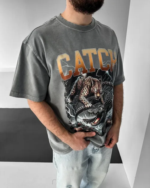 Gri Catch Leopar Baskılı Oversize Yıkamalı Tişört