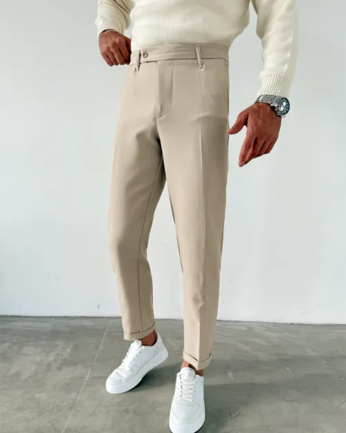 Bej Beli Lastikli Regular Fit Duble Paça Kumaş Pantolon
