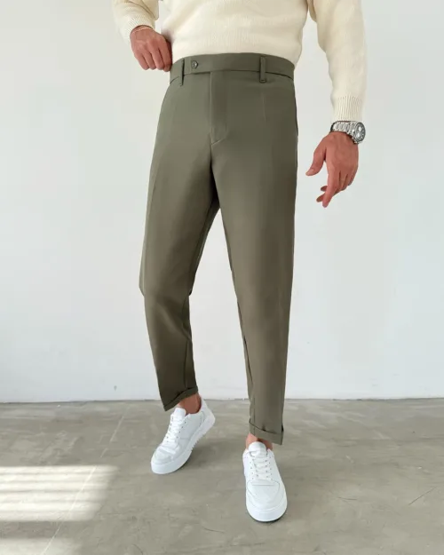 Haki Beli Lastikli Regular Fit Duble Paça Kumaş Pantolon