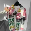 Flamingo ve Palmiye Desenli Tropikal Küba Yaka Gömlek