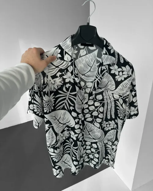 Siyah Yaprak Desenli Efil Efil Alaçatı Gömlek