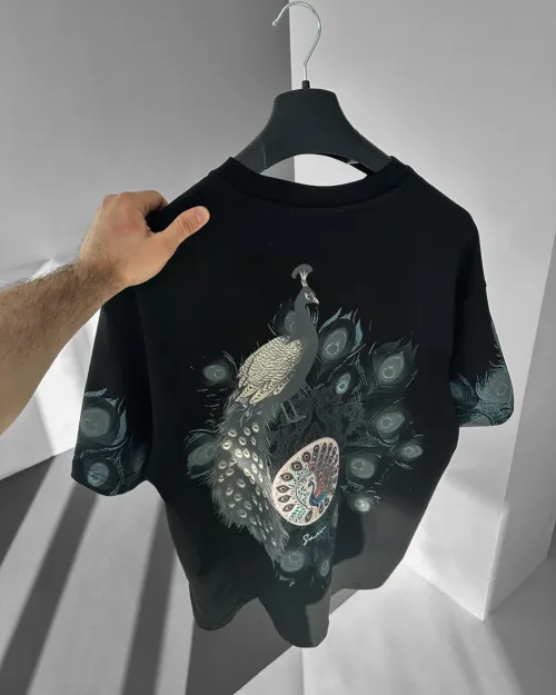 Siyah Premium Tavus Kuşu Baskılı Oversize Tişört