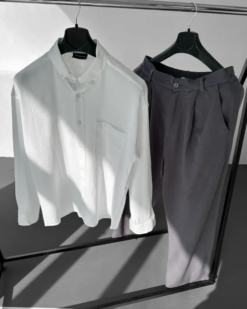 Keten Beyaz Gömlek SW Füme Extra Baggy Pantolon Oversize Takım
