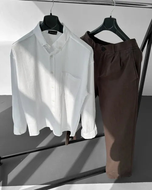Keten Beyaz Gömlek G Kahverengi Baggy Pantolon Oversize Takım