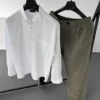 Keten Beyaz Gömlek G Haki Baggy Pantolon Oversize Takım
