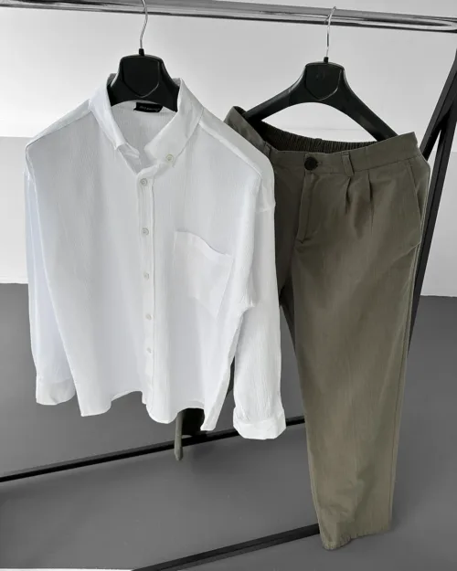 Keten Beyaz Gömlek G Haki Baggy Pantolon Oversize Takım