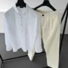 Keten Beyaz Gömlek G Krem Baggy Pantolon Oversize Takım
