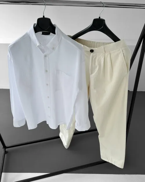Keten Beyaz Gömlek G Krem Baggy Pantolon Oversize Takım