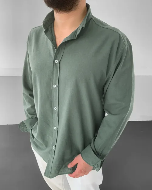 Açık Yeşil Oversize GG Fresh Keten Uzun Kol Gömlek