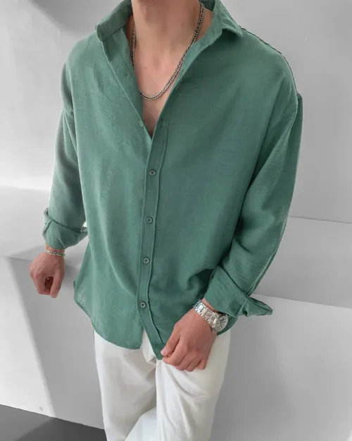 Yeşil Uzun Kol G Oversize Gobis Keten Gömlek