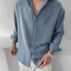 Bebe Mavisi Uzun Kol G Oversize Gobis Keten Gömlek