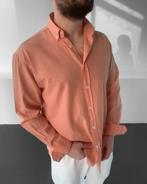 Somon Rengi Oversize GG Fresh Keten Uzun Kol Gömlek