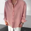 Pembe Uzun Kol G Oversize Gobis Keten Gömlek
