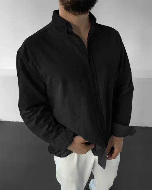 Siyah Oversize GG Fresh Keten Uzun Kol Gömlek