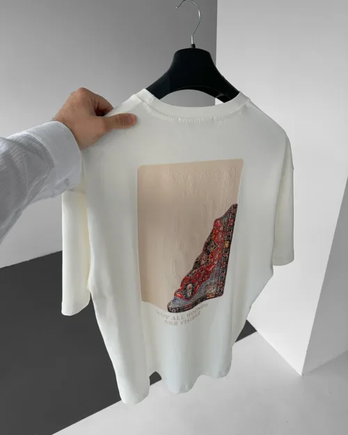 Ekru Kilim Desenli Patch Detaylı Premium Oversize Tişört