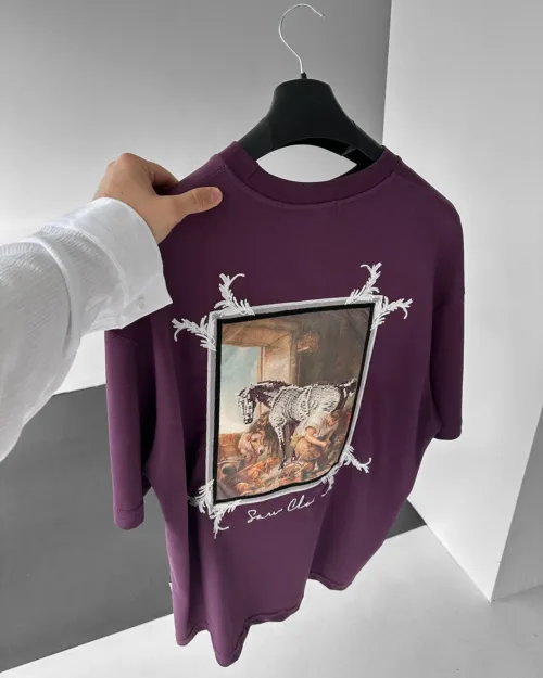 Mor Oversize Premium At Baskılı Nakışlı Tişört