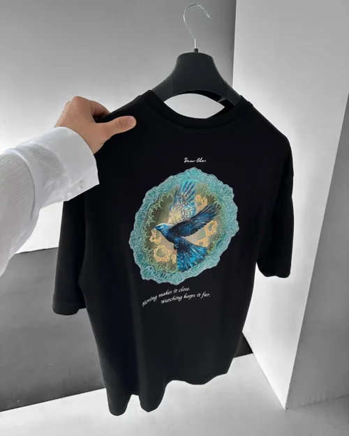 Siyah Oversize Mavi Kuş Desenli Nakışlı Premium Tişört
