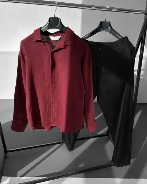 Keten Bordo Gömlek G Siyah Baggy Pantolon Oversize Takım