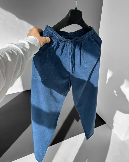 Mavi Beli Lastikli Rahat Kalıp Yıkamalı Keten Pantolon