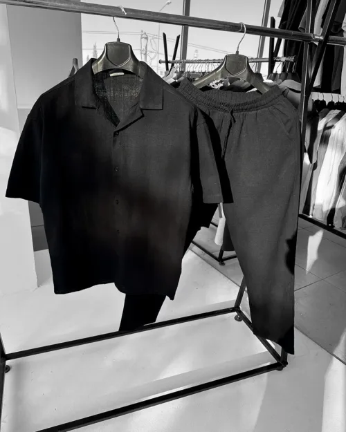 Siyah Oversize Apaş Yaka Kısa Kol Gömlek Pantolon Keten Takım