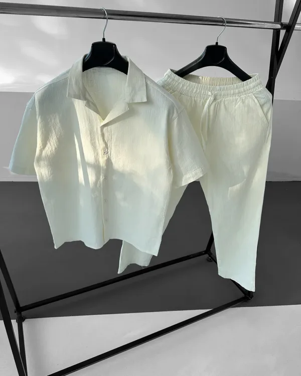 Krem Oversize Apaş Yaka Kısa Kol Gömlek Pantolon Keten Takım