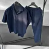 Lacivert Oversize Apaş Yaka Kısa Kol Gömlek Pantolon Keten Takım