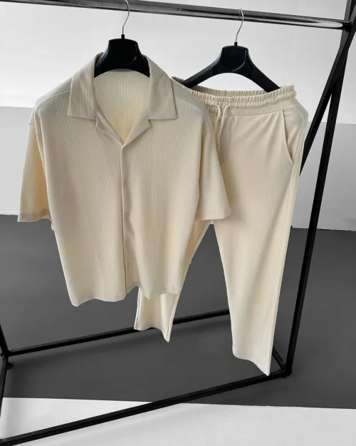 Bej Relax Fit Kısa Kol Gömlek Pantolon Ottoman Takım