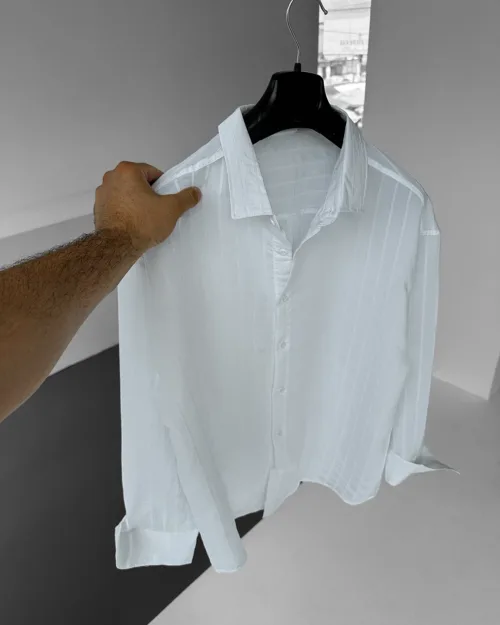 Beyaz İnce Çizgili Rahat Kalıp Modal Oversize Gömlek