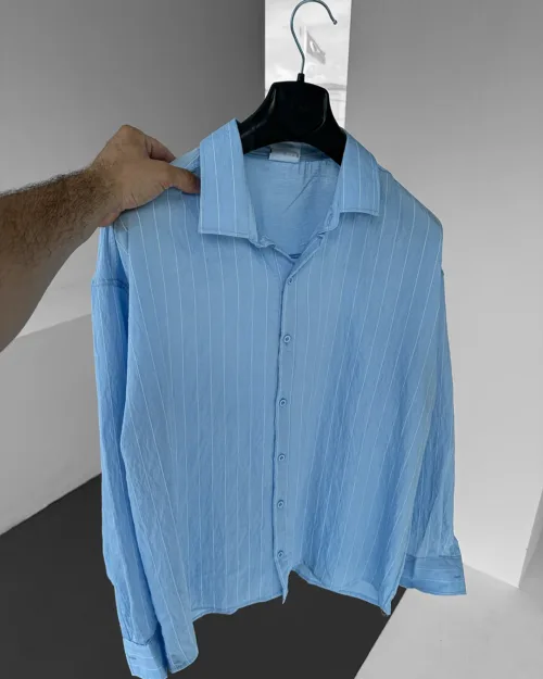 Mavi Rahat Kalıp Çizgili Modal Oversize Gömlek