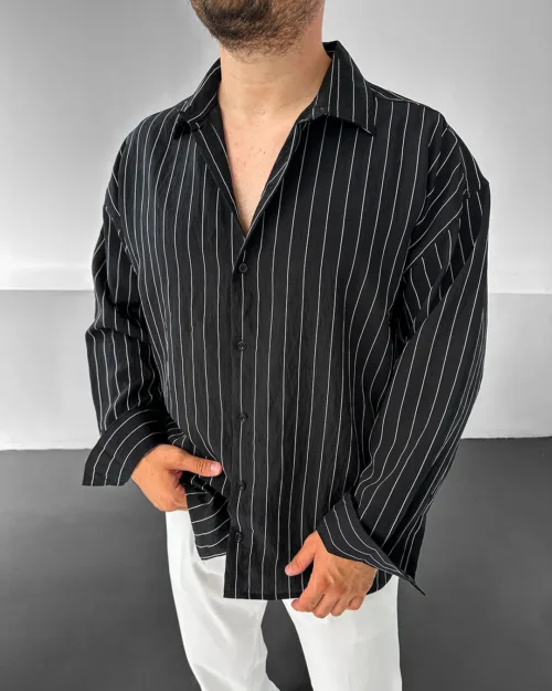 Siyah Rahat Kalıp Çizgili Modal Oversize Gömlek
