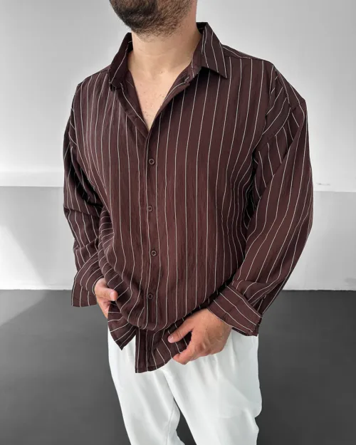 Kahverengi Rahat Kalıp Çizgili Modal Oversize Gömlek
