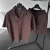 Kahve Apaş Yaka Kısa Kol Gömlek Şort Oversize Keten Takım