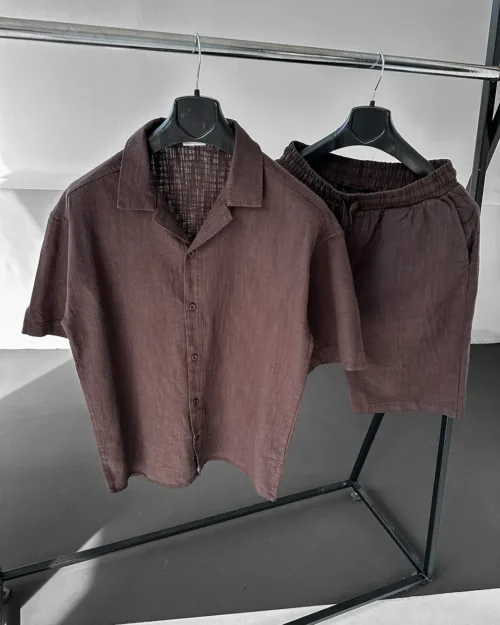 Kahve Apaş Yaka Kısa Kol Gömlek Şort Oversize Keten Takım