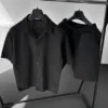 Siyah Apaş Yaka Kısa Kol Gömlek Şort Oversize Keten Takım