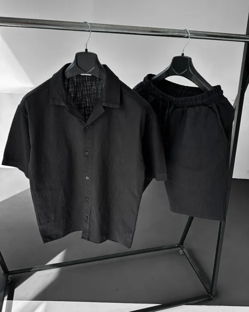 Siyah Apaş Yaka Kısa Kol Gömlek Şort Oversize Keten Takım