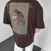 Kahverengi Oversize Premium Kurt Nakışlı Tişört