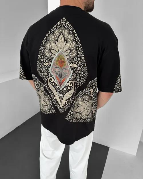 Siyah Oversize Anatolia Motif Premium Nakışlı Tişört