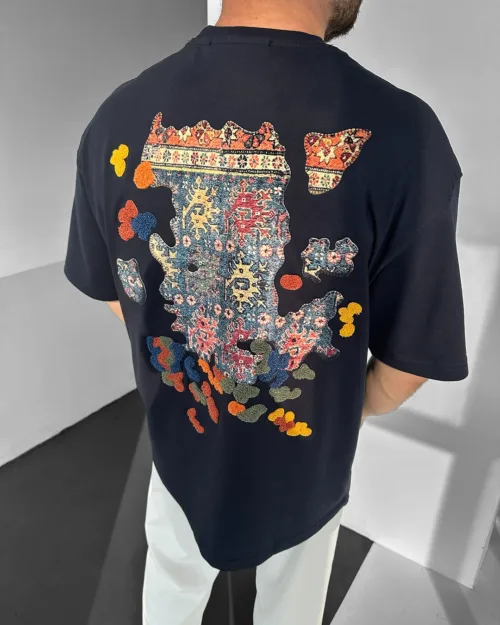 Lacivert Authentic Oversize Premium Kilim Desenli Tişört