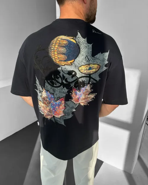 Lacivert Oversize Yaprak Patchlı Premium Nakışlı Tişört