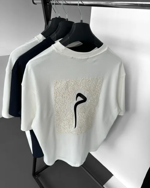 Ekru Glyph Premium Oversize Nakışlı Tişört