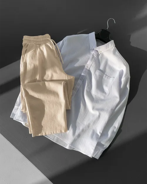Oversize Keten Beyaz Gömlek Bej Pantolon Takım TKM-5795