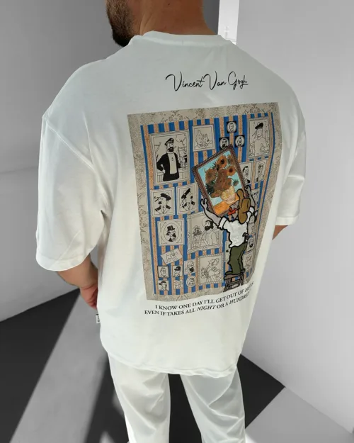 Beyaz Van Gogh Patchli Premium Oversize T-Shirt