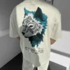 Ekru Oversize Premium Mavi Kurt Nakışlı T-Shirt