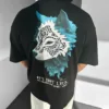 Siyah Oversize Premium Mavi Kurt Nakışlı T-Shirt
