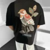 Siyah Dokuma Kuş Nakışlı Premium Oversize T-Shirt