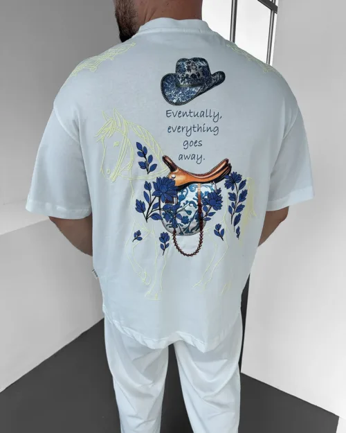 Beyaz Goes Away Premium Oversize At Nakışlı T-Shirt